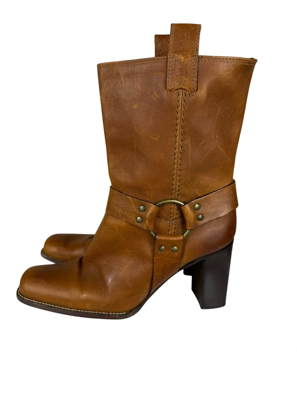 VTG Michael Kors Brown Leather Moto Harness Heeled Boots 9.5 Made in Italy
